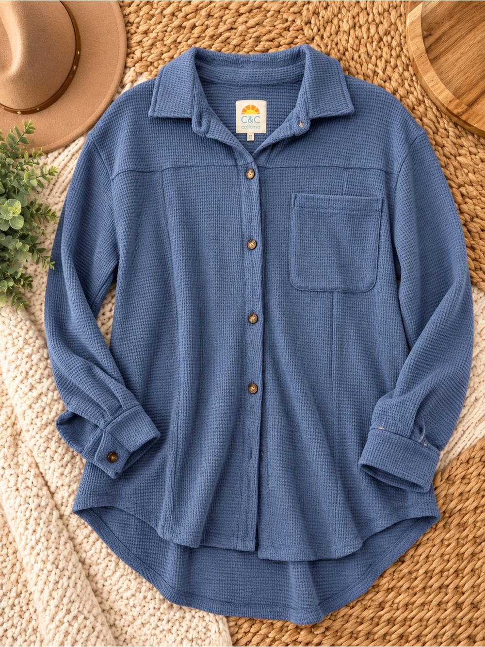 C&C California Blue Waffle-Knit Button-Up Shirt
